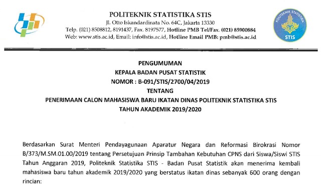 Jadwal Dan Syarat Penerimaan Mahasiswa Baru STIS 2019/2020