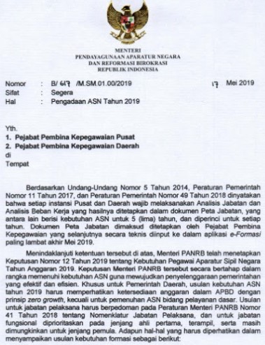 Download Surat Edaran Menpan Tentang Pengadaan PNS ASN PPPK tahun 2019