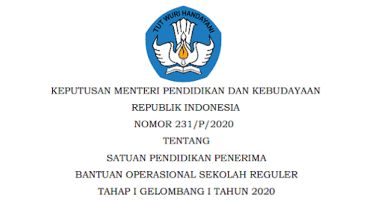 Keputusan Mendikbud Tentang Satuan Pendidikan Penerima Bos Reguler Tahap I Gelombang I Tahun 2020