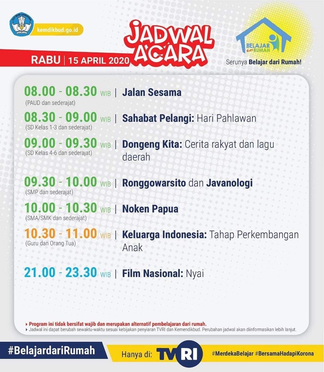 Jadwal Belajar TVRI Rabu 15 April 2020